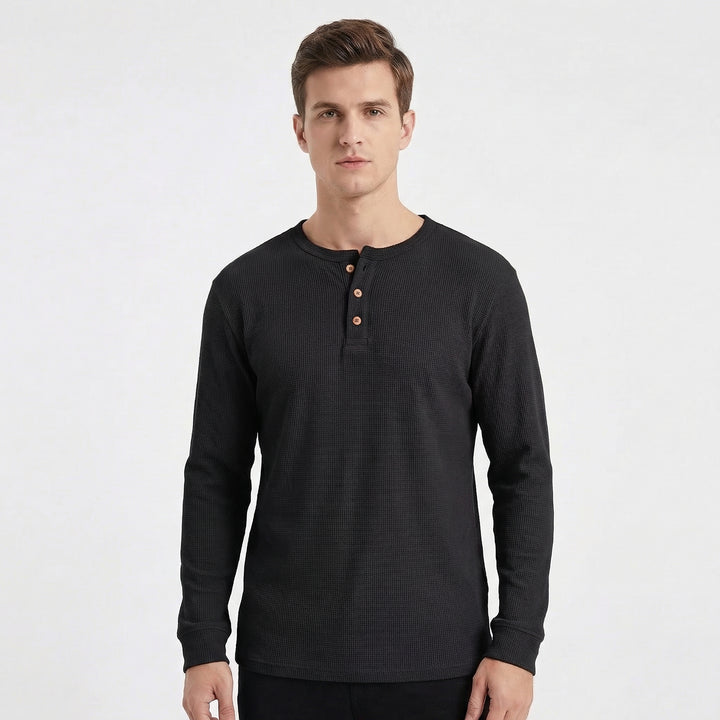 Men's Long Sleeve Slim Fit Waffle Knit Henley Thermal Shirt