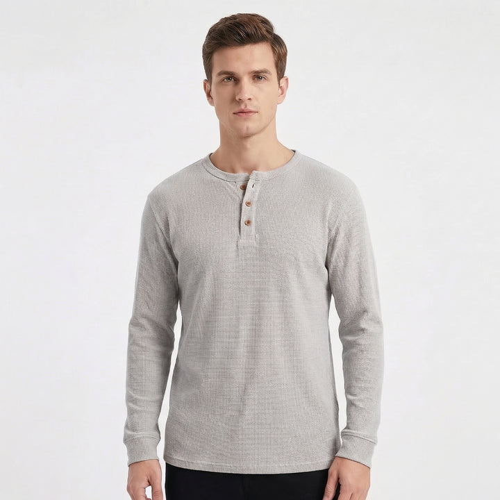 Men's Long Sleeve Slim Fit Waffle Knit Henley Thermal Shirt