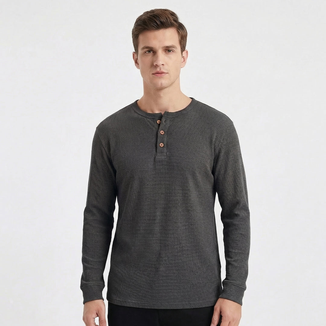 Men's Long Sleeve Slim Fit Waffle Knit Henley Thermal Shirt
