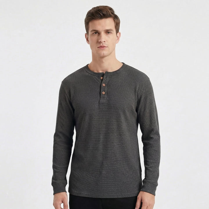 Men's Long Sleeve Slim Fit Waffle Knit Henley Thermal Shirt