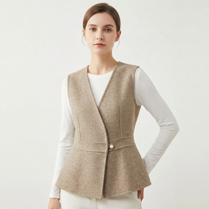 Women’s Wool-Blend Peplum Vest Elegant Sleeveless Waistcoat with Pearl Button