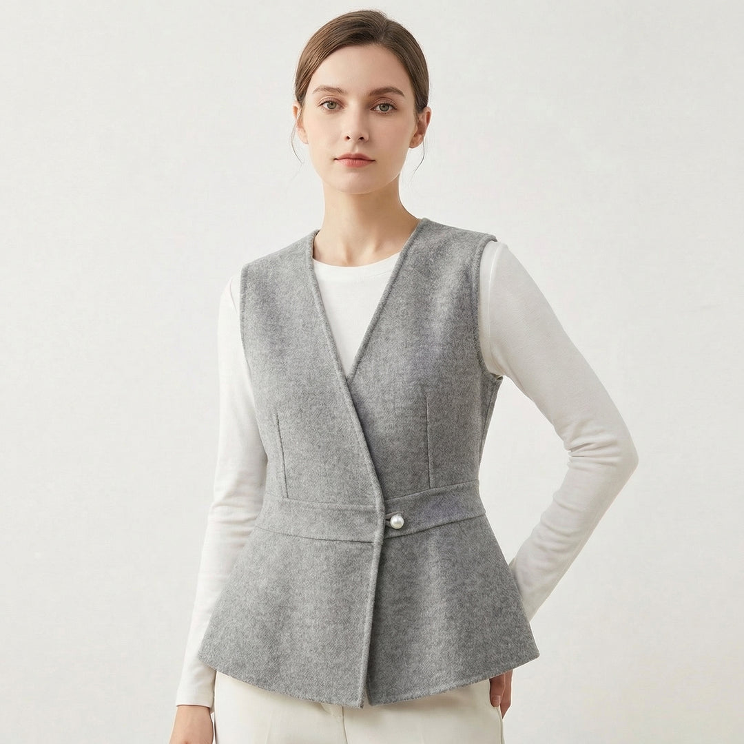 Women’s Wool-Blend Peplum Vest Elegant Sleeveless Waistcoat with Pearl Button