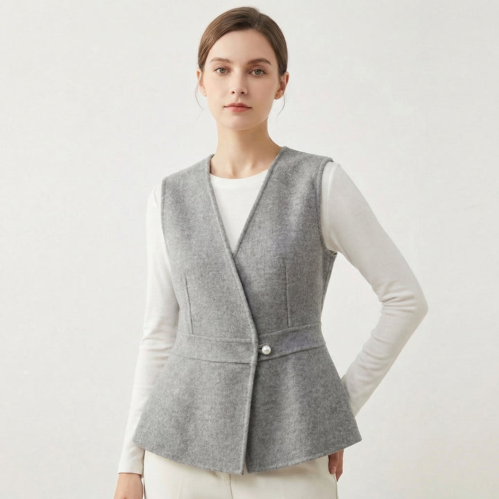 Women’s Wool-Blend Peplum Vest Elegant Sleeveless Waistcoat with Pearl Button