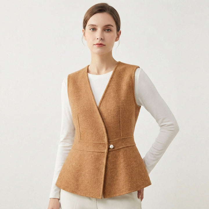 Women’s Wool-Blend Peplum Vest Elegant Sleeveless Waistcoat with Pearl Button