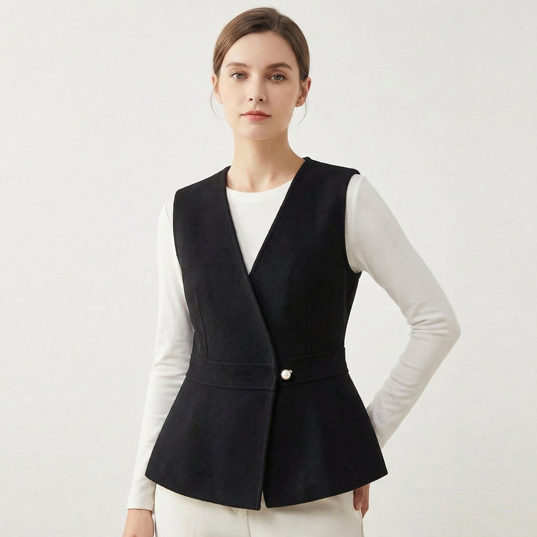 Women’s Wool-Blend Peplum Vest Elegant Sleeveless Waistcoat with Pearl Button