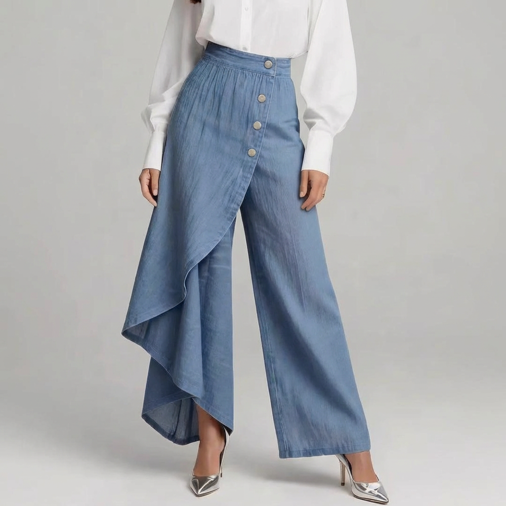 Women's High-Waisted Ruffle Wide Leg Jeans - Button Front Asymmetrical Denim Pants