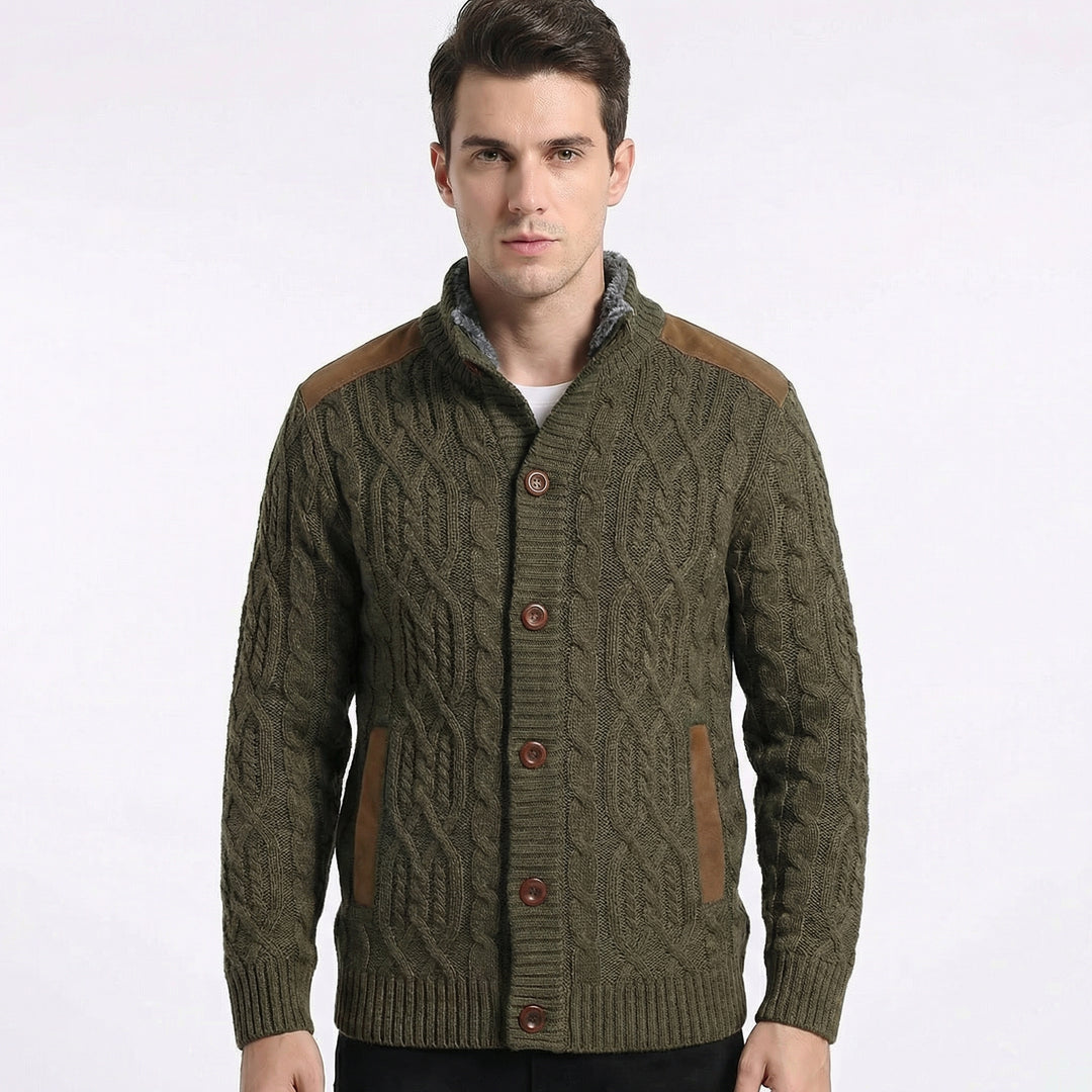 Fleece Lined Button-Up Cardigan with Suede Detail