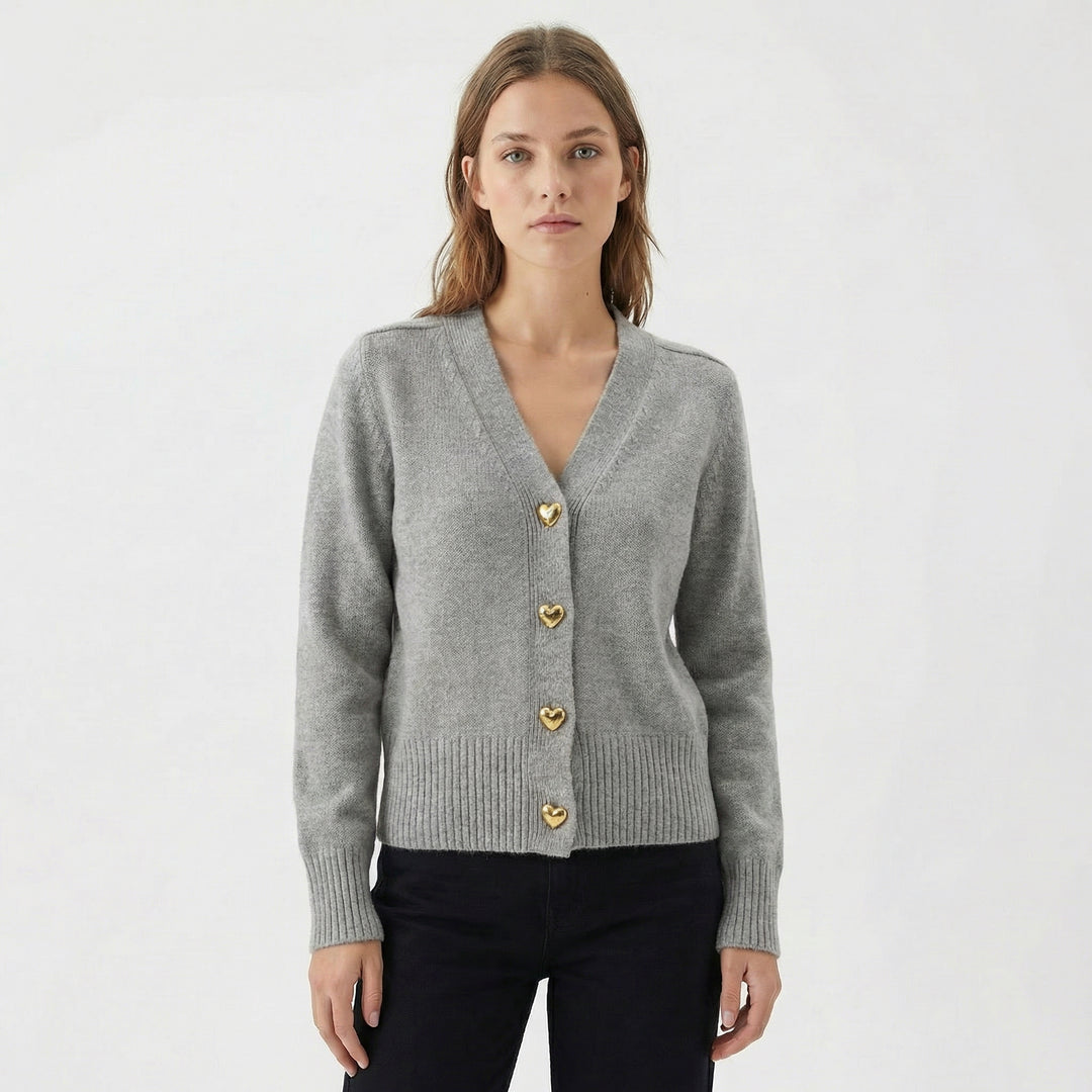 Women's Cardigan – V-Neck Knit Cardigan with Gold Heart Buttons