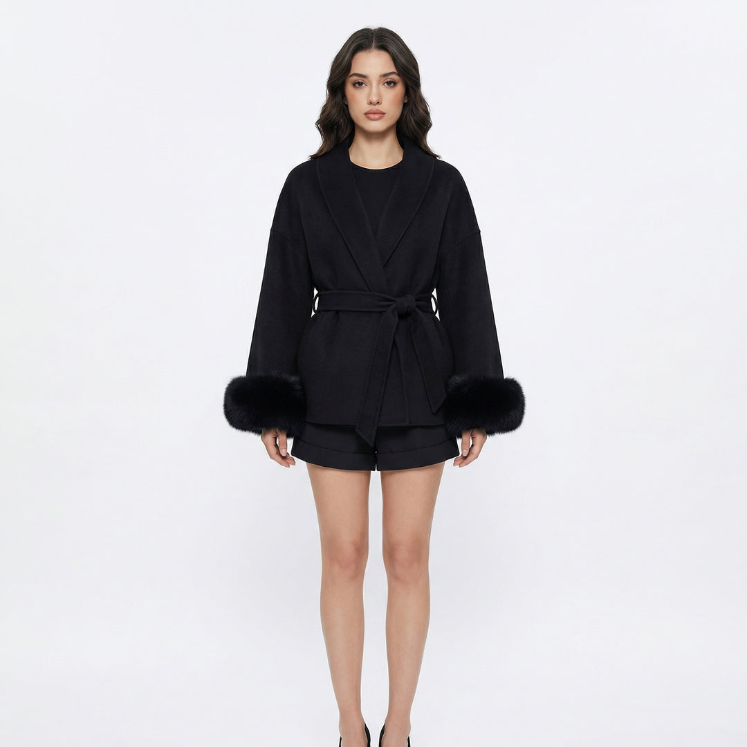 Women's Wrap Coats – Belted Jacket with Faux Fur Cuff Detail