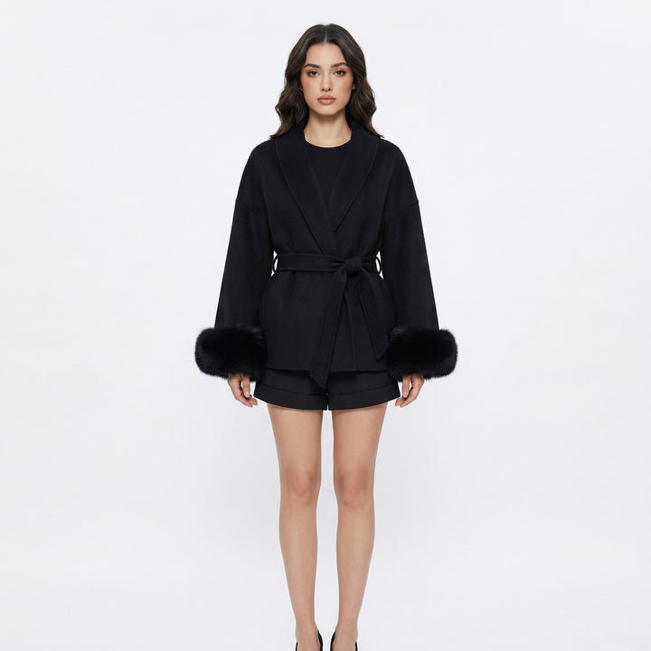 Women's Wrap Coats – Belted Jacket with Faux Fur Cuff Detail
