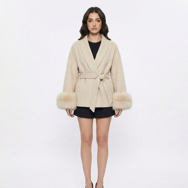 Women's Wrap Coats – Belted Jacket with Faux Fur Cuff Detail