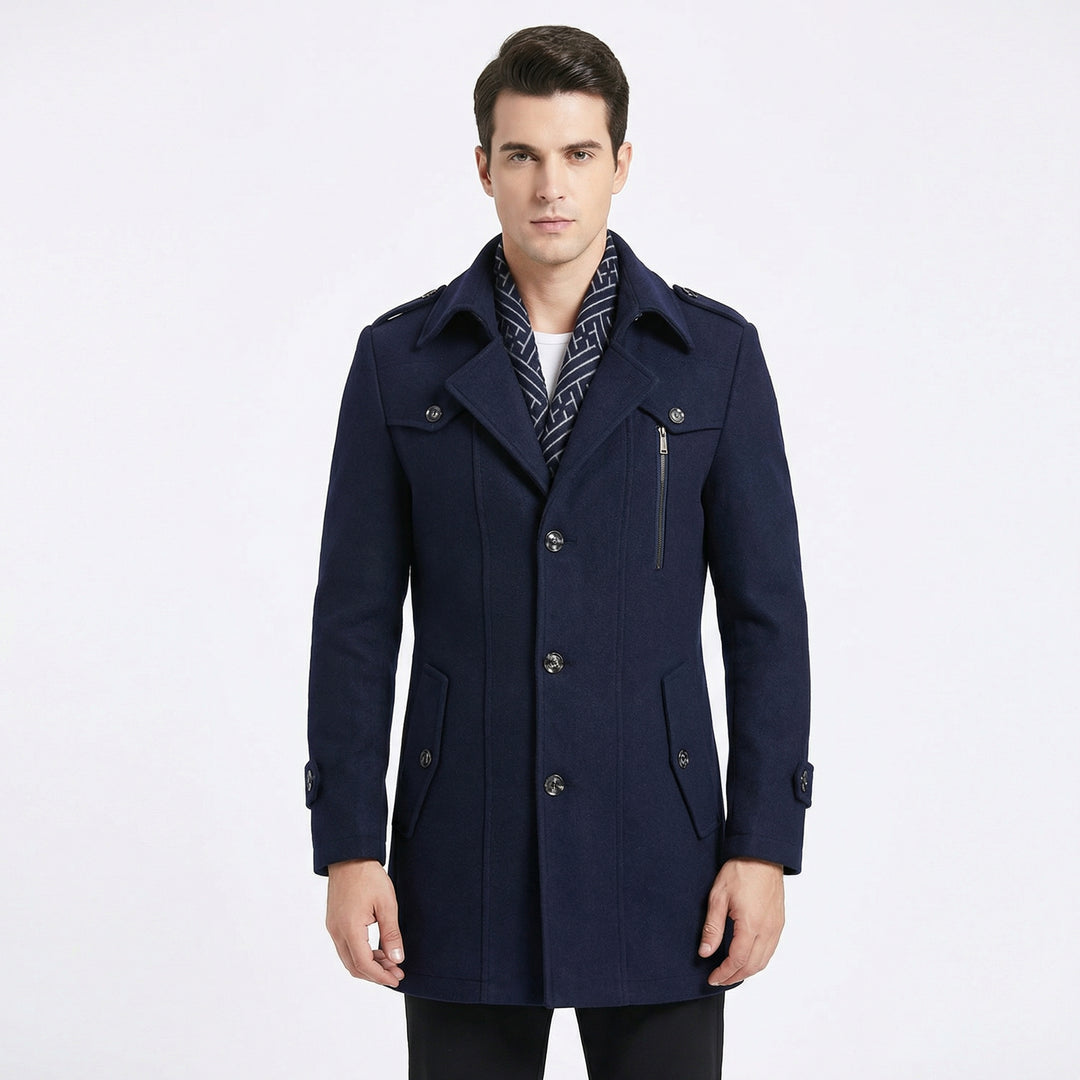 Men's Trench Coat – Wool Blend Mid-Length Military Overcoat with Scarf Collar