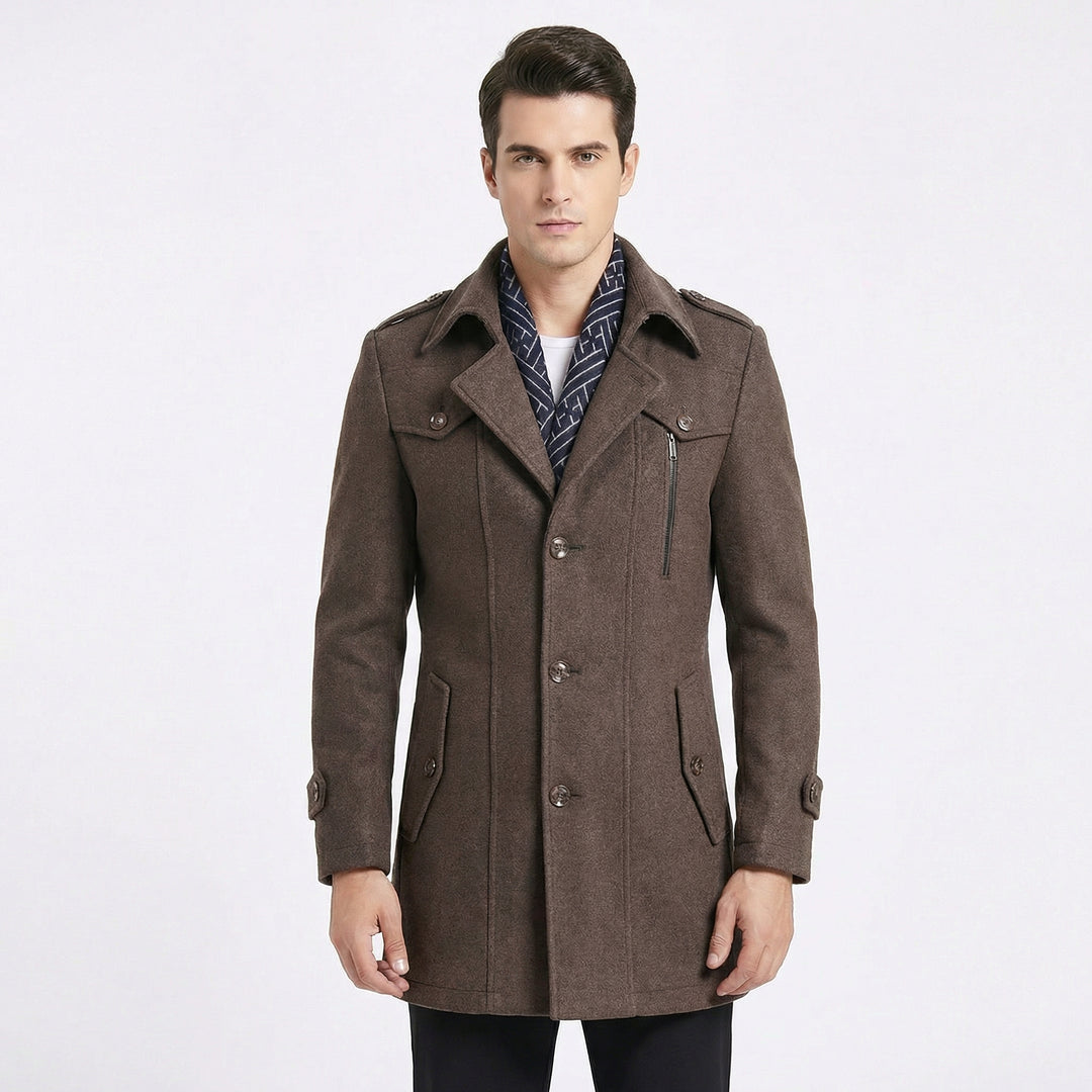 Men's Trench Coat – Wool Blend Mid-Length Military Overcoat with Scarf Collar