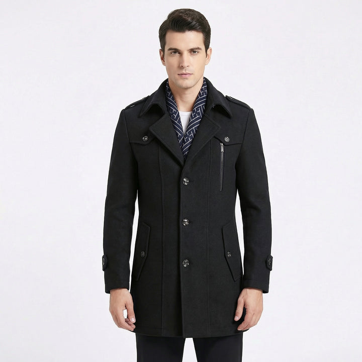 Men's Trench Coat – Wool Blend Mid-Length Military Overcoat with Scarf Collar