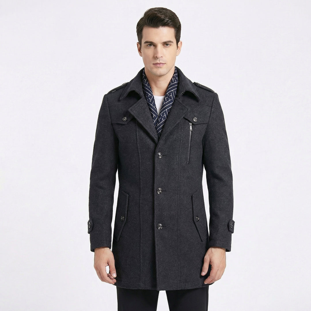 Men's Trench Coat – Wool Blend Mid-Length Military Overcoat with Scarf Collar