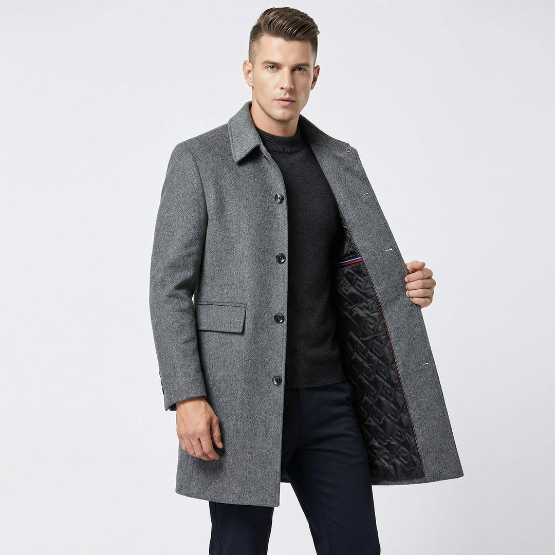 Men's Overcoat – Quilted Lined Wool Blend Single-Breasted Coat
