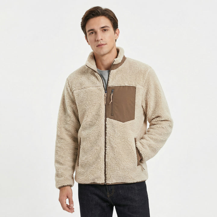Men's Sherpa Jacket – Deep Pile Fleece Zip-Up Jacket with Contrast Pocket