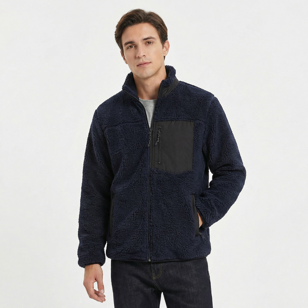 Men's Sherpa Jacket – Deep Pile Fleece Zip-Up Jacket with Contrast Pocket
