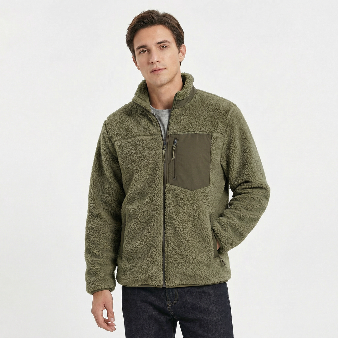 Men's Sherpa Jacket – Deep Pile Fleece Zip-Up Jacket with Contrast Pocket