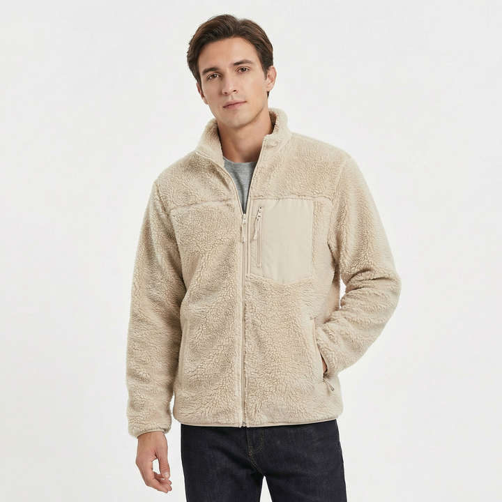 Men's Sherpa Jacket – Deep Pile Fleece Zip-Up Jacket with Contrast Pocket