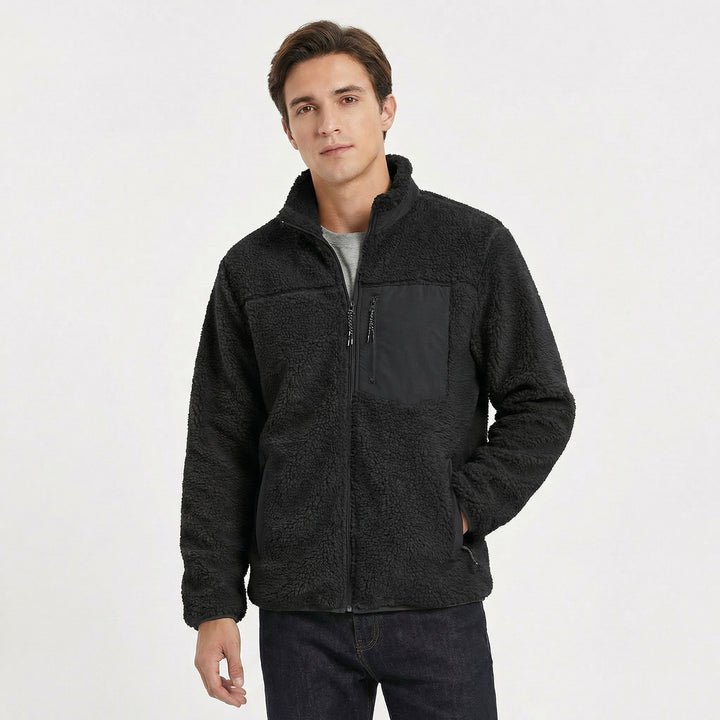 Men's Sherpa Jacket – Deep Pile Fleece Zip-Up Jacket with Contrast Pocket