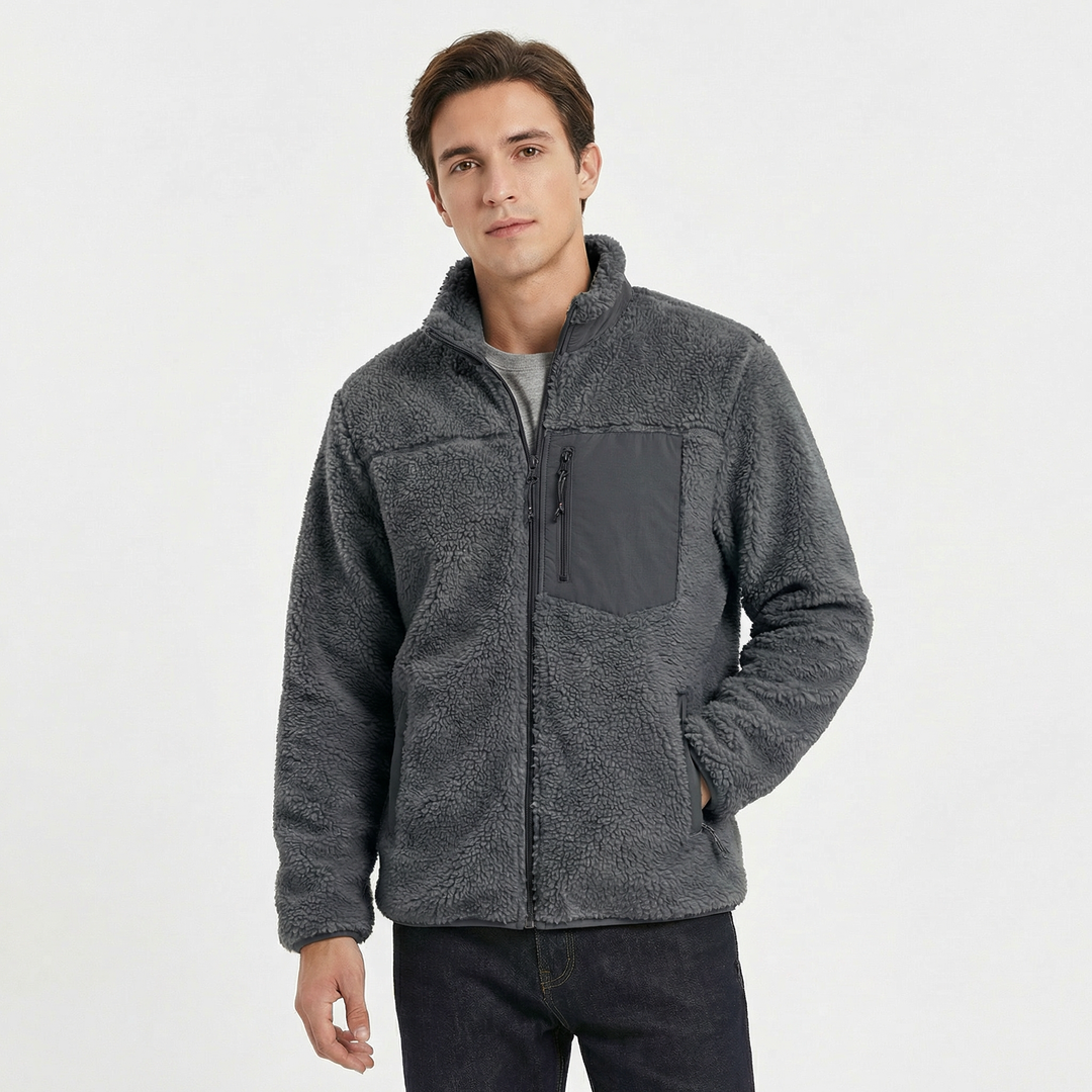 Men's Sherpa Jacket – Deep Pile Fleece Zip-Up Jacket with Contrast Pocket