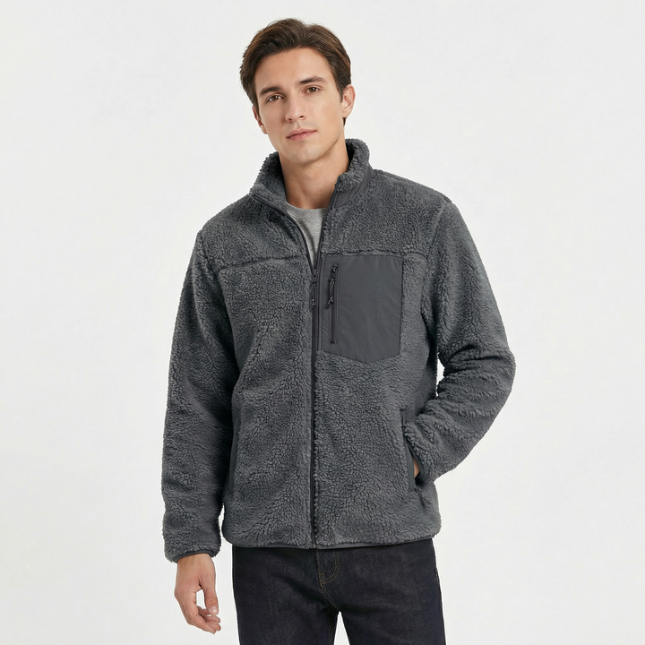 Men's Sherpa Jacket – Deep Pile Fleece Zip-Up Jacket with Contrast Pocket