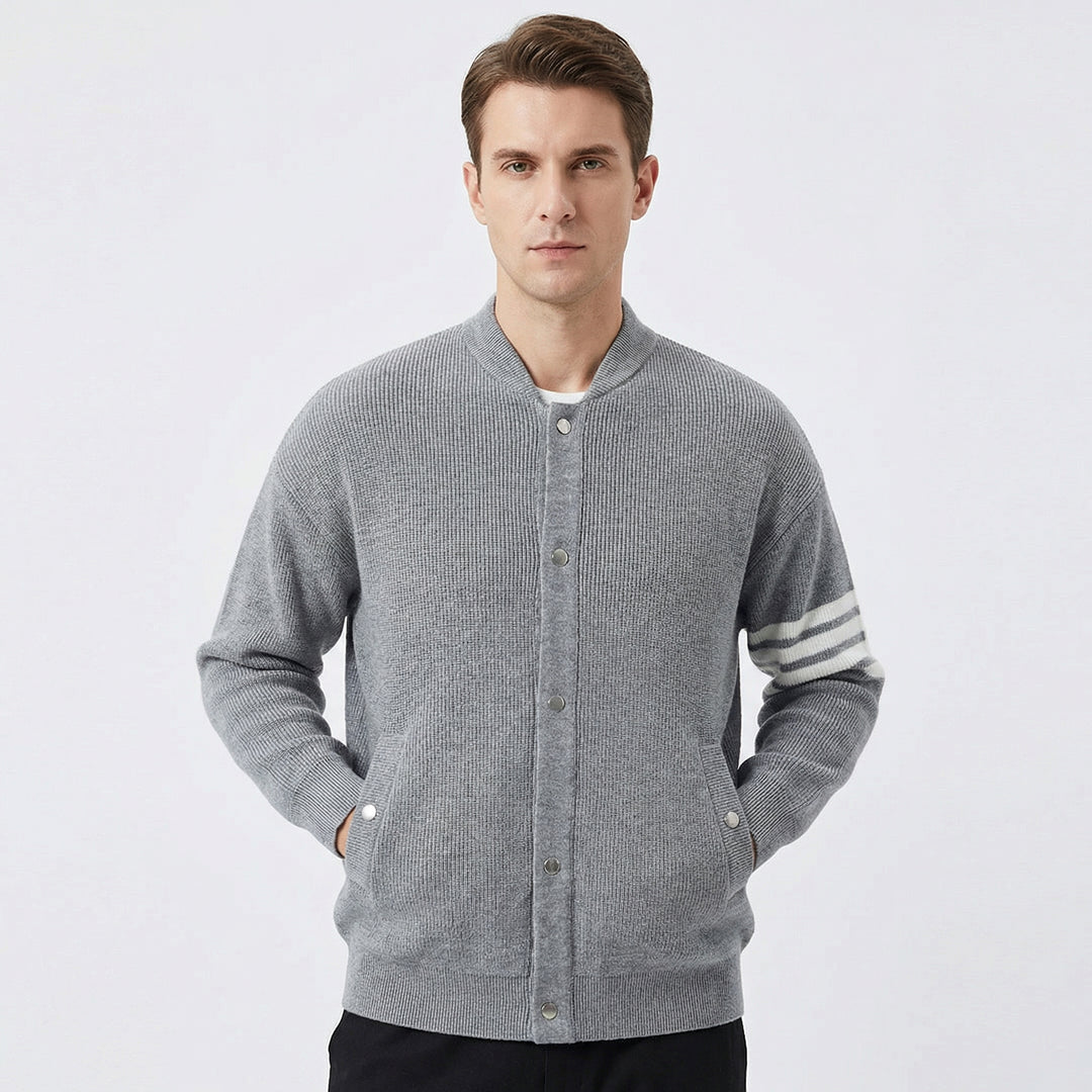 Men's Cardigan – Varsity Stripe Snap-Button Knit Bomber Cardigan