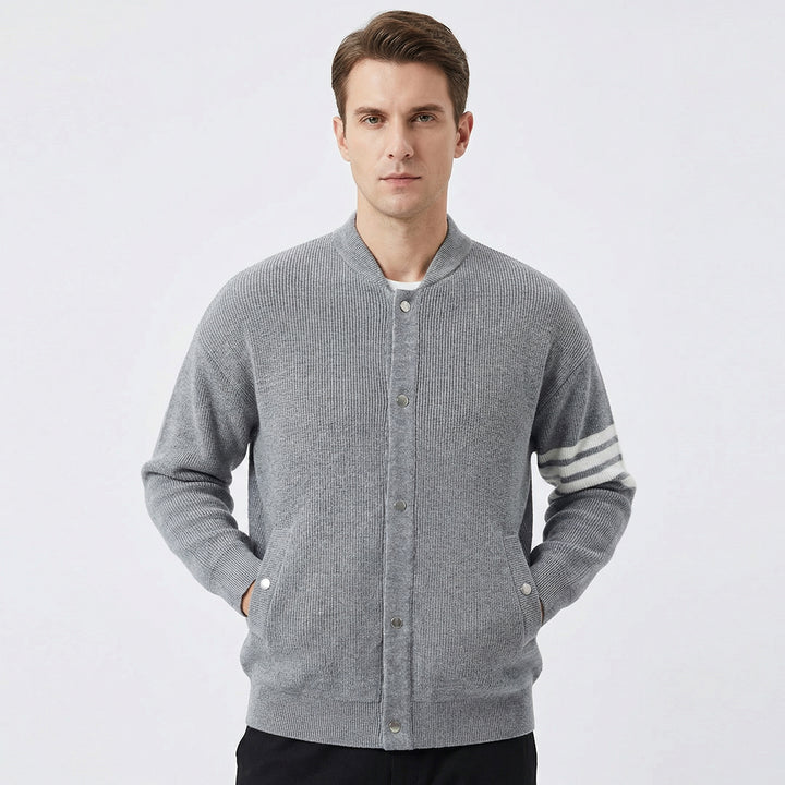 Men's Cardigan – Varsity Stripe Snap-Button Knit Bomber Cardigan