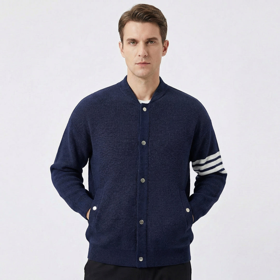 Men's Cardigan – Varsity Stripe Snap-Button Knit Bomber Cardigan