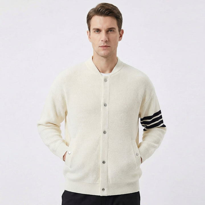 Men's Cardigan – Varsity Stripe Snap-Button Knit Bomber Cardigan