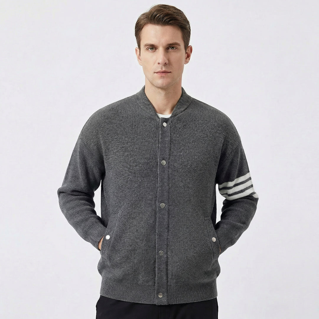 Men's Cardigan – Varsity Stripe Snap-Button Knit Bomber Cardigan