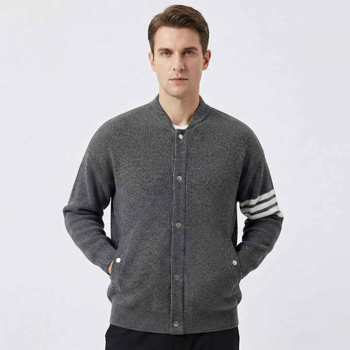 Men's Cardigan – Varsity Stripe Snap-Button Knit Bomber Cardigan