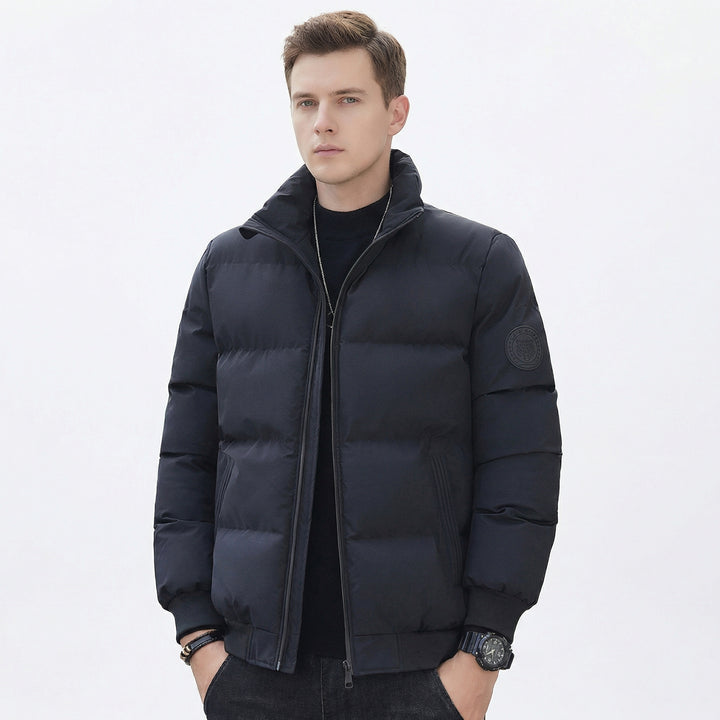 Men's Puffer Jacket – Stand Collar Padded Down Jacket with Badge Detail