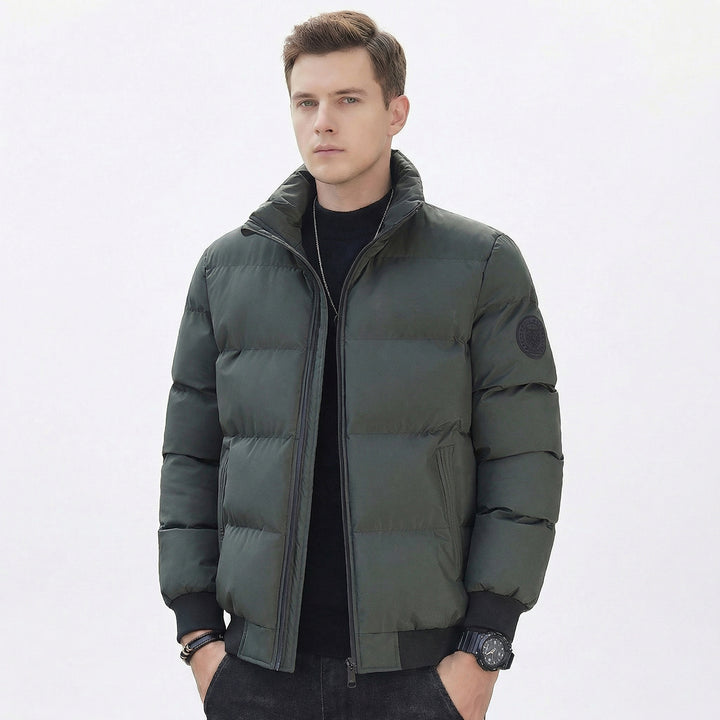 Men's Puffer Jacket – Stand Collar Padded Down Jacket with Badge Detail