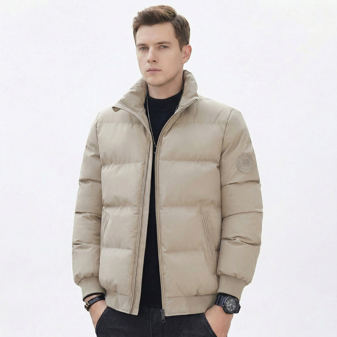 Men's Puffer Jacket – Stand Collar Padded Down Jacket with Badge Detail