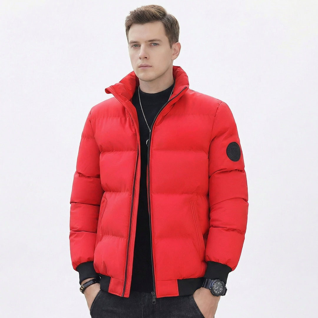 Men's Puffer Jacket – Stand Collar Padded Down Jacket with Badge Detail