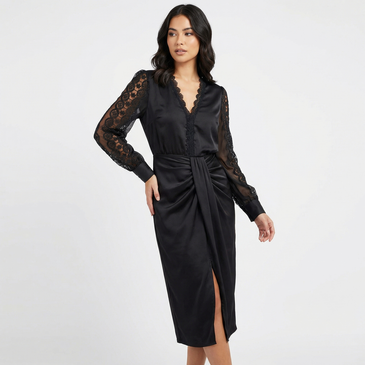 Women's Satin Lace Sleeve Draped Front Side Slit Midi Dress