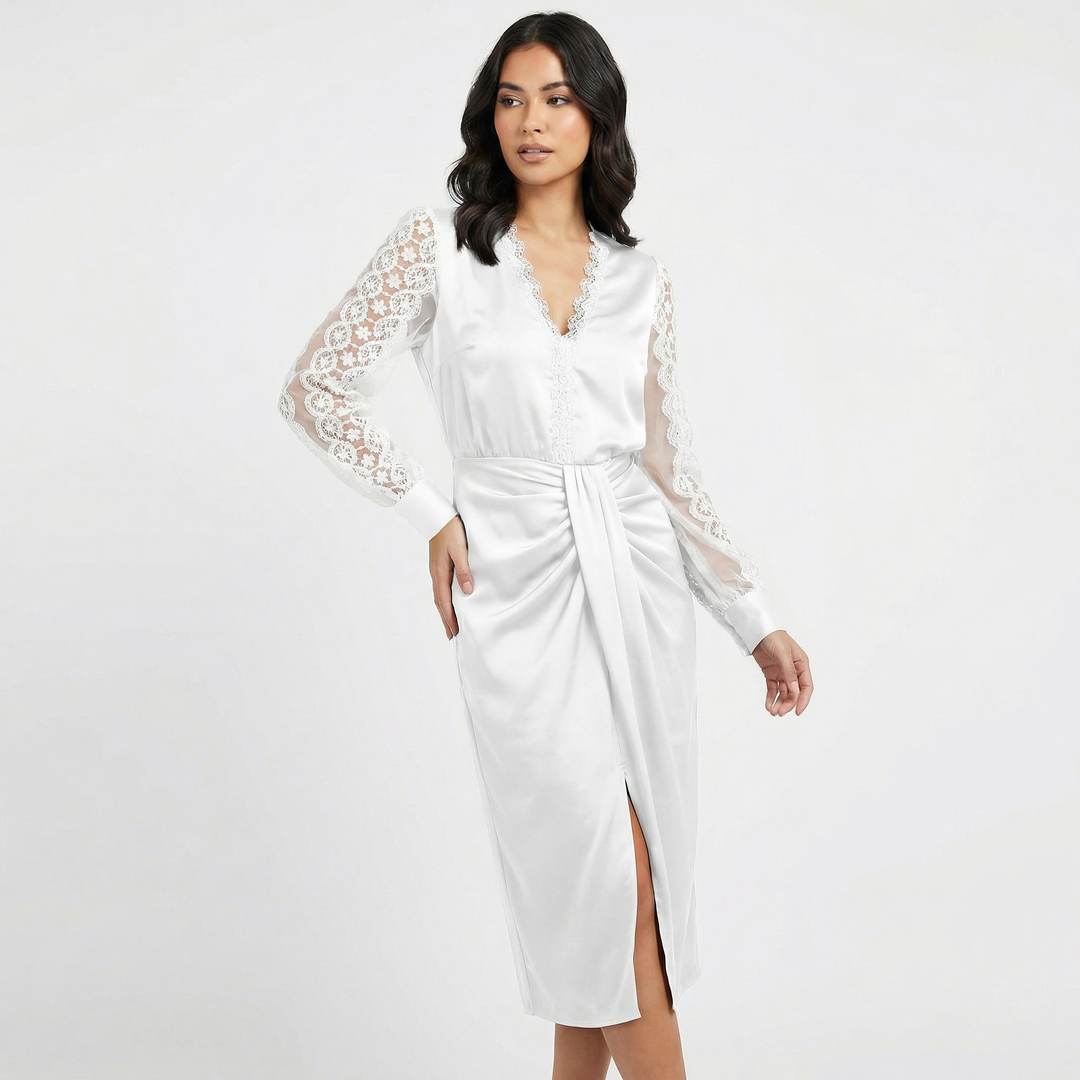Women's Satin Lace Sleeve Draped Front Side Slit Midi Dress