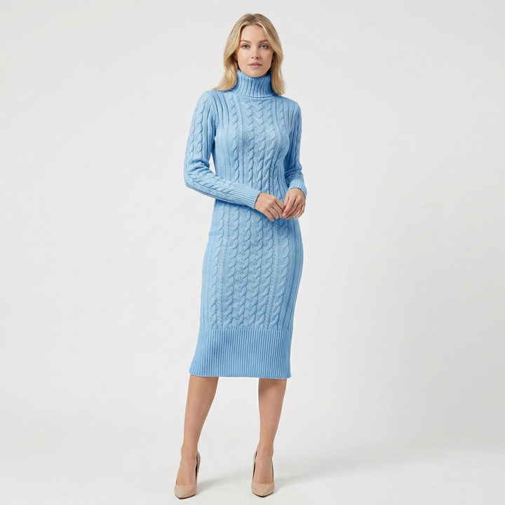 Women's Cable Knit Turtleneck Ribbed Hem Midi Sweater Dress