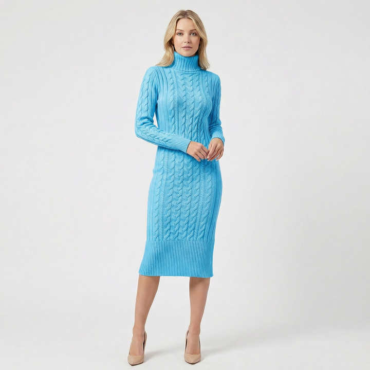 Women's Cable Knit Turtleneck Ribbed Hem Midi Sweater Dress