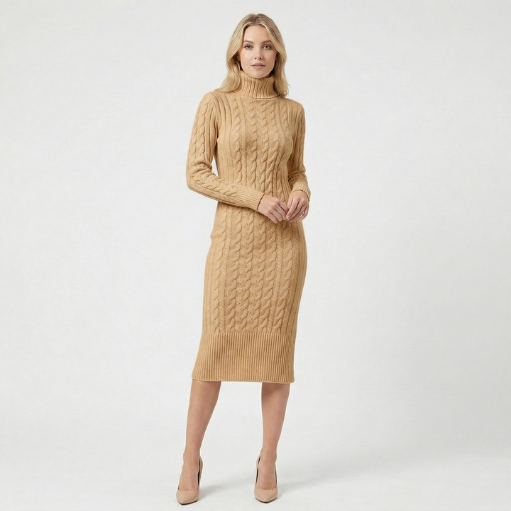 Women's Cable Knit Turtleneck Ribbed Hem Midi Sweater Dress