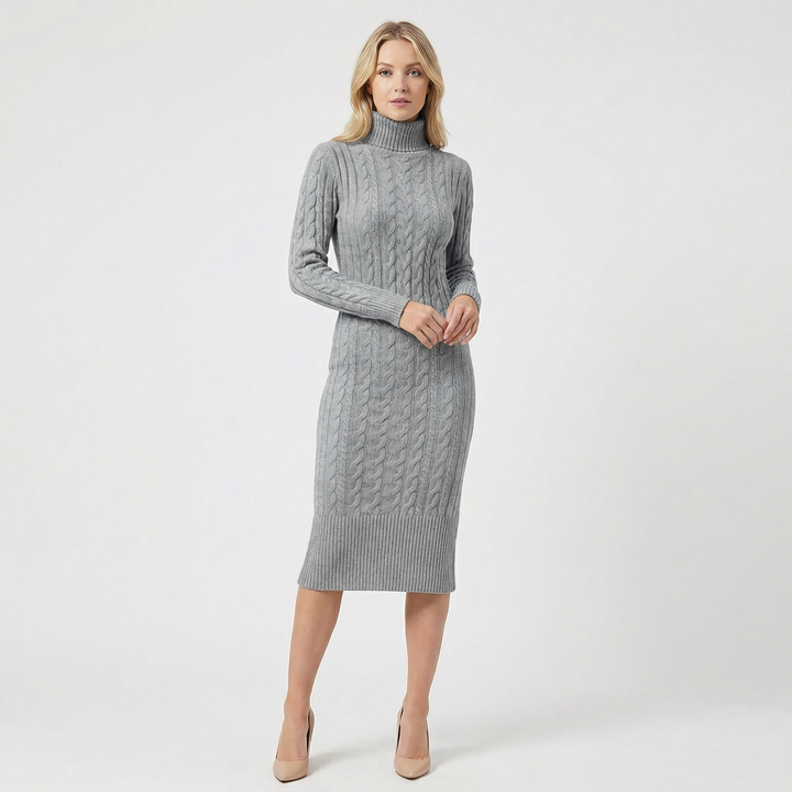 Women's Cable Knit Turtleneck Ribbed Hem Midi Sweater Dress