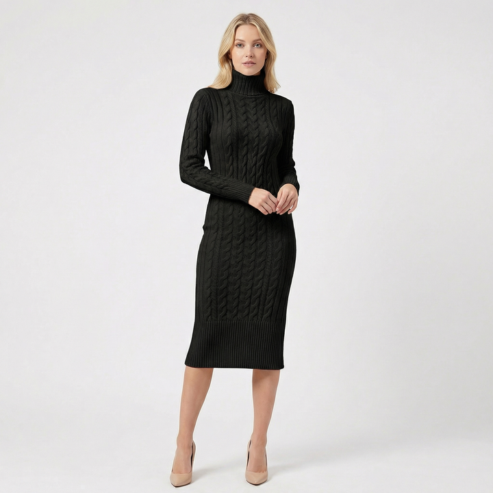 Women's Cable Knit Turtleneck Ribbed Hem Midi Sweater Dress