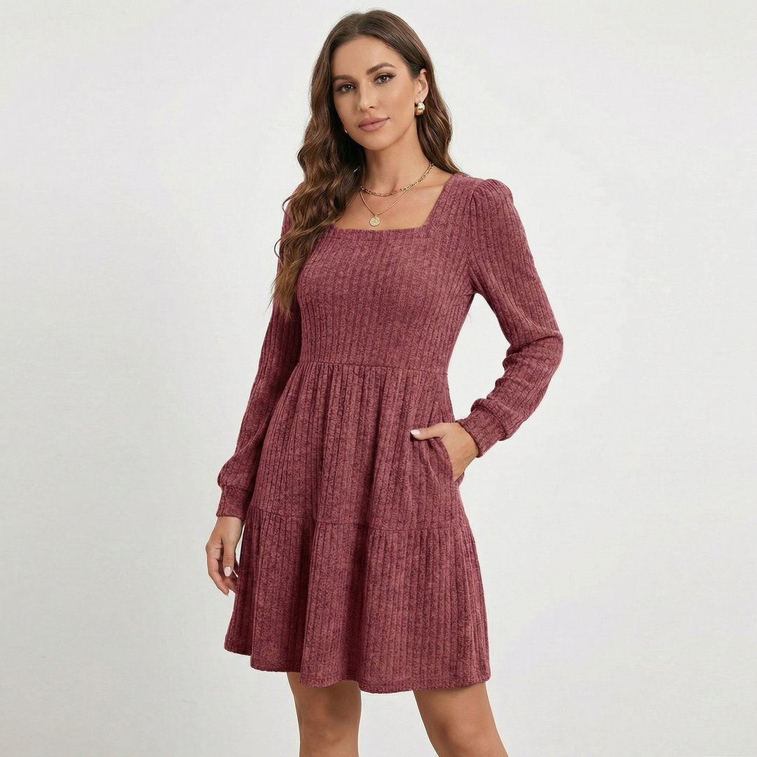 Women's Ribbed Knit Square Neck Tiered Mini Sweater Dress