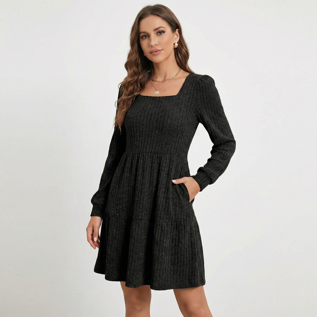 Women's Ribbed Knit Square Neck Tiered Mini Sweater Dress – hayridge