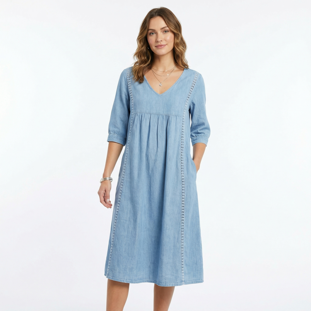 Women's Chambray Dress V Neck Three Quarter Sleeve Midi Pockets