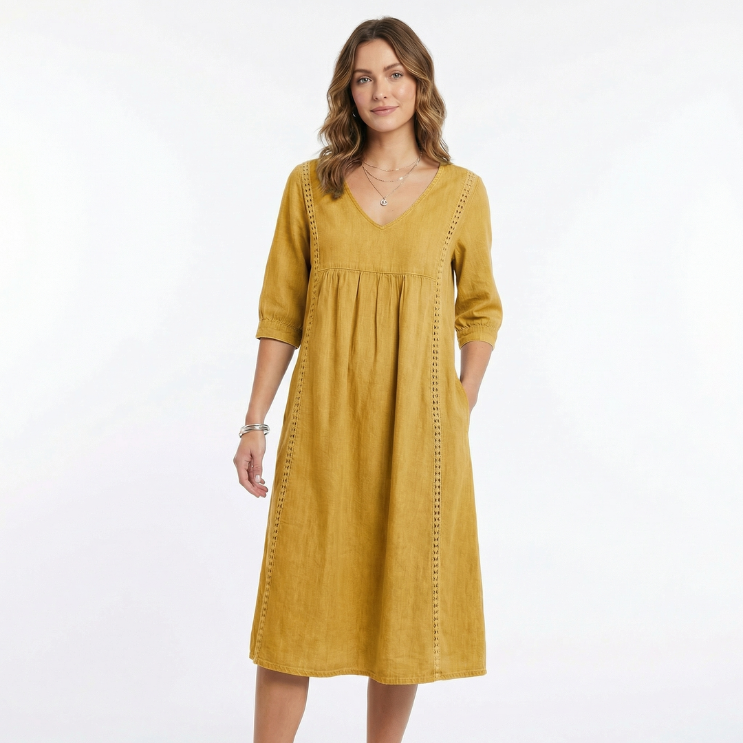 Women's Chambray Dress V Neck Three Quarter Sleeve Midi Pockets