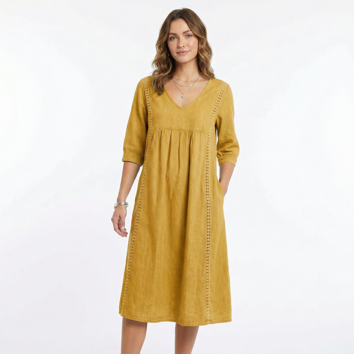 Women's Chambray Dress V Neck Three Quarter Sleeve Midi Pockets