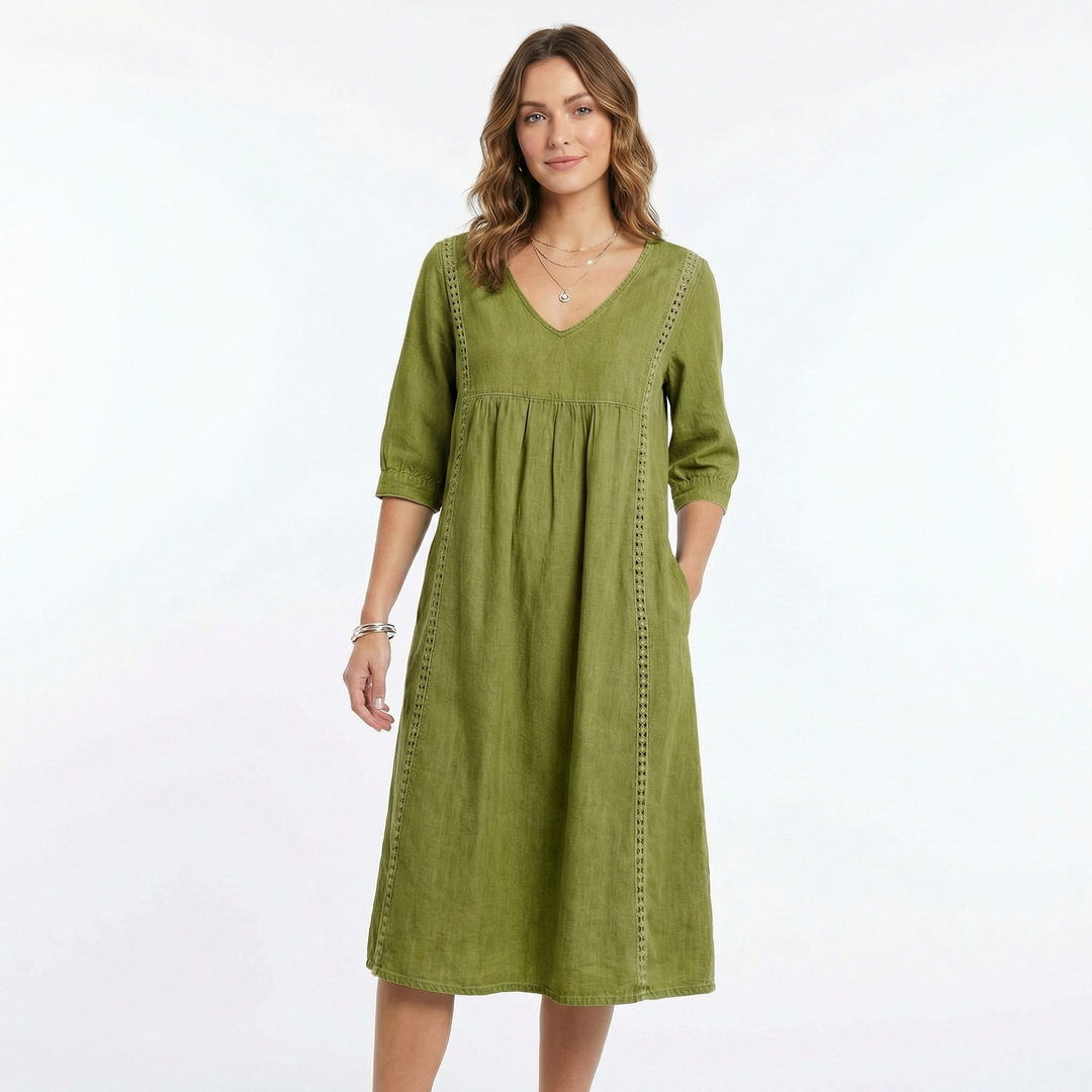Women's Chambray Dress V Neck Three Quarter Sleeve Midi Pockets